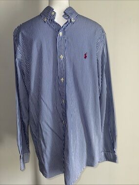Ralph Lauren Men’s Large Classic Fit Navy White Striped Button-Down Shirt